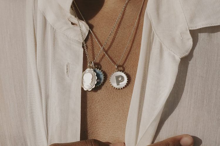 Personalized Scalloped Silhouette Necklace, Oval <br> Denim Lapis
