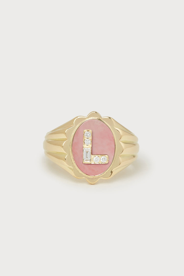 Heritage Scalloped Initial Ring <br> Pink Opal