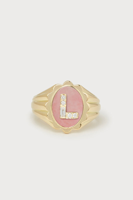 Heritage Scalloped Initial Ring <br> Pink Opal